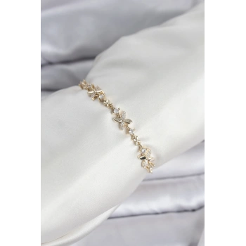 Gold Renk Yonca Model Zirkon Taşlı Asansörlü Kadın Bileklik