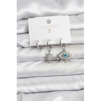 Göz Model Gümüş Renk Pirinç 3lü Kadın Küpe Seti