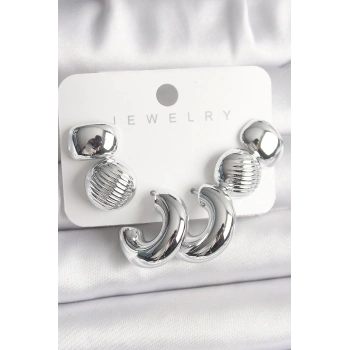 Gümüş Renk İşlemeli Daire Halka Model CCB Platik Kadın Küpe Seti