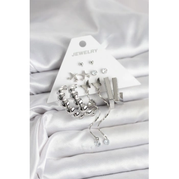 Gümüş Renk Pirinç 6lı Kadın Küpe Seti