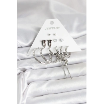 Gümüş Renk Pirinç 6lı Kadın Küpe Seti