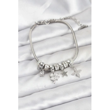 Gümüş Renk Pirinç Yonca Charmlı Kadın Bileklik