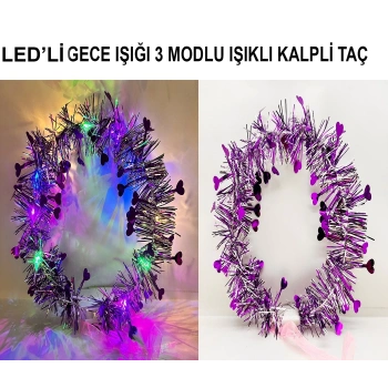 Kalp Püsküllü Gece Parıltısı 3 Modlu Led39li Işıklı Taç Mor Renk