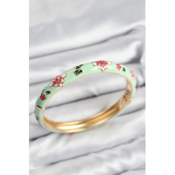 Mineli Pirinç Su Yeşili Çiçek Motifli Gold Kadın Kelepçe