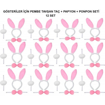 Pembe Tavşan Kostüm Seti – Taç, Papyon, Ponpon (12’li Paket)