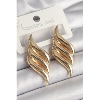 Pirinç Gold Renk 3 Sıra Dalga Model Kadın Küpe