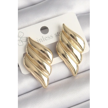 Pirinç Gold Renk 3 Sıralı Dalgalı Model Kadın Küpe