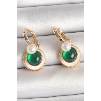 Pirinç Gold Renk Beyaz Yeşil Sallantı Mineli Kadın Küpe