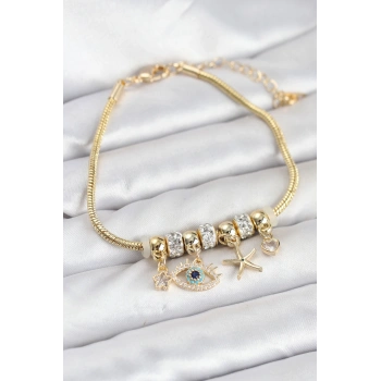 Pirinç Gold Renk Göz Model Charmlı Kadın Bileklik