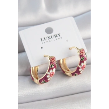 Pirinç Gold Renk Halka Mor Çiçek Mineli Kadın Küpe