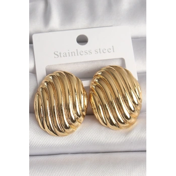 Pirinç Gold Renk İşlemeli Oval Model Kadın Küpe