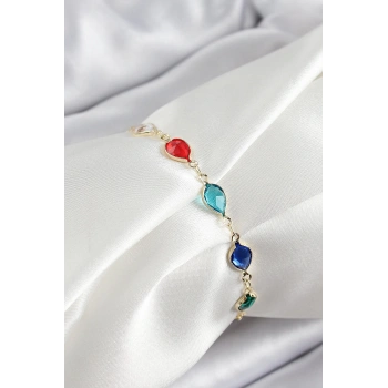 Pirinç Gold Renk Karışık Renk Damla Zirkon Taşlı Kadın Bileklik