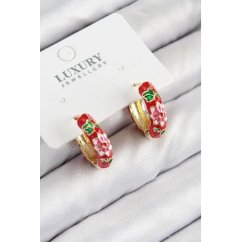 Pirinç Gold Renk Kırmızı Çiçek İşleme Mineli Kadın Küpe