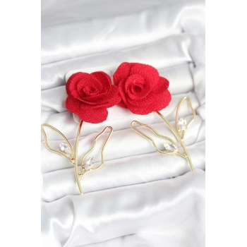 Pirinç Gold Renk Kırmızı Gül Model Kadın Küpe