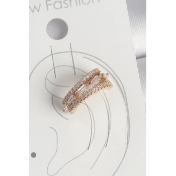 Pirinç Gold Renk Zirkon Taşlı 3Lü Sıralı Model Kadın Kıkırdak Küpe