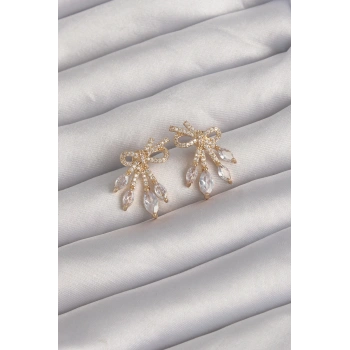 Pirinç Gold Renk Zirkon Taşlı Fiyonk Küpe