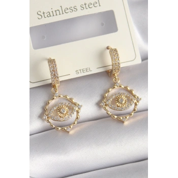 Pirinç Gold Renk Zirkon Taşlı Göz Model Kadın Küpe