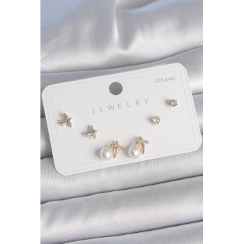 Pirinç Gold Renk Zirkon Taşlı Kelebek Model İnci Detay 925 Ayar Gümüş Çivi Kadın Küpe Seti