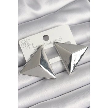 Pirinç Gümüş Renk 3D Üçgen Model Kadın Küpe
