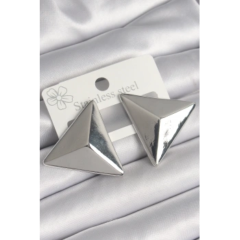 Pirinç Gümüş Renk 3D Üçgen Model Kadın Küpe