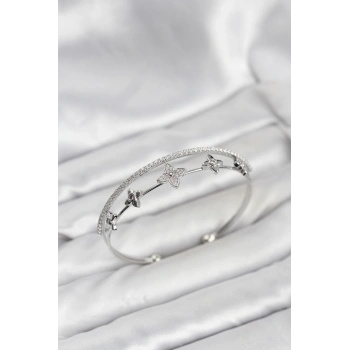 Pirinç Gümüş Renk Çiçek Model Kadın Bileklik