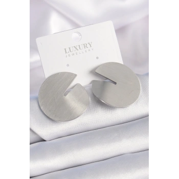 Pirinç Gümüş Renk Daire Plaka Model Kadın Küpe