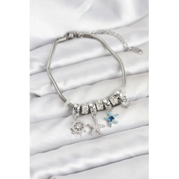 Pirinç Gümüş Renk Deniz Tema Charmlı Kadın Bileklik