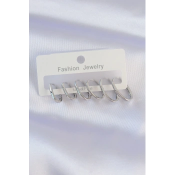 Pirinç Gümüş Renk İnce Oval Küpe Seti