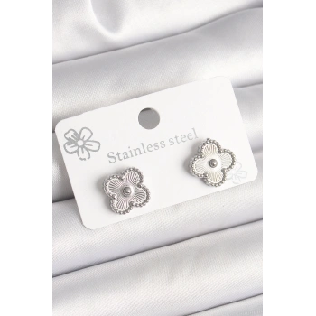 Pirinç Gümüş Renk İşlemeli Yonca Model Kadın Küpe