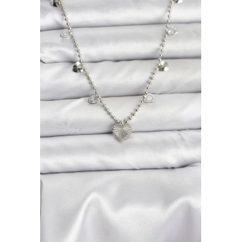 Pirinç Gümüş Renk Kalp Model Kadın Kolye