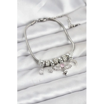 Pirinç Gümüş Renk Kanatlı Charmlı Kadın Bileklik