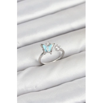 Pirinç Gümüş Renk Kelebek Model Kadın Yüzük