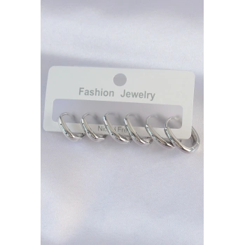 Pirinç Gümüş Renk Oval Küpe Seti