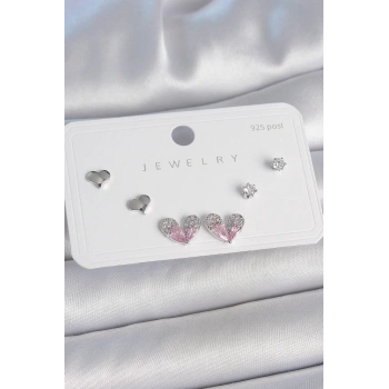 Pirinç Gümüş Renk Pembe Zirkon Taşlı Kalp Model 925 Ayar Gümüş Çivi Kadın Küpe Seti