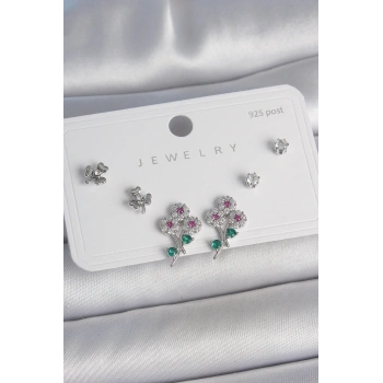 Pirinç Gümüş Renk Renkli Zirkon Taşlı Çiçek Model Yaprak Detay 925 Ayar Gümüş Çivi Kadın Küpe Seti