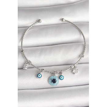 Pirinç Gümüş Renk Sallantı Zirkon Taşlı Nazar Boncuk Figür Charm Kadın Bileklik