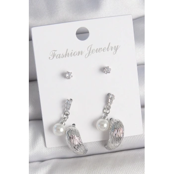 Pirinç Gümüş Renk Sallantılı Zirkon Taşlı Damla Model 3 Çift Kadın Küpe Seti