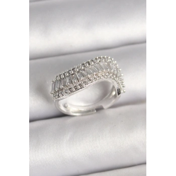 Pirinç Gümüş Renk Su Yolu Zirkon Dalga Model Ayarlanabilir Kadın Yüzük