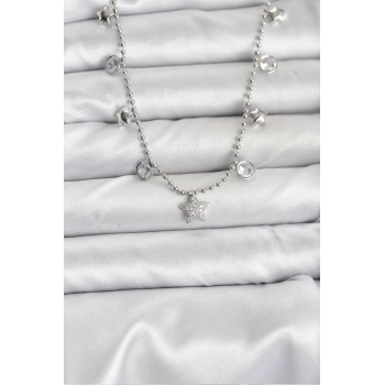 Pirinç Gümüş Renk Yıldız Model Kadın Kolye