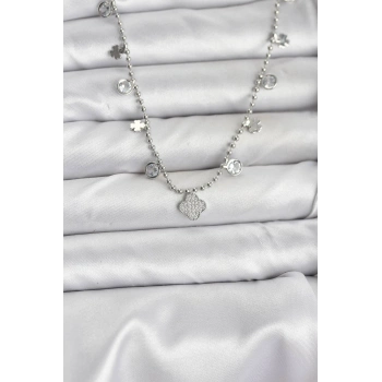 Pirinç Gümüş Renk Yonca Model Kadın Kolye