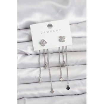 Pirinç Gümüş Renk Yonca Model Sallantılı Kadın Küpe