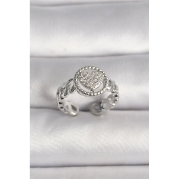 Pirinç Gümüş Renk Zincir Model Zirkon Taşlı Kalp Model Kadın Yüzük