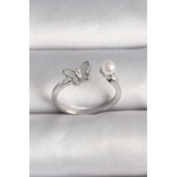 Pirinç Gümüş Renk Zirkon Taş Detaylı Beyaz Mineli Kelebek Figür İnci Detay Ayarlanabilir Yüzük