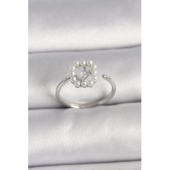 Pirinç Gümüş Renk Zirkon Taş Detaylı İncili Ayarlanabilir Yüzük