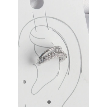 Pirinç Gümüş Renk Zirkon Taşlı 3Lü Sıralı Kadın Kıkırdak Küpe