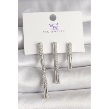 Pirinç Gümüş Renk Zirkon Taşlı Bambu Model 3Lü Kadın Kombin Küpe