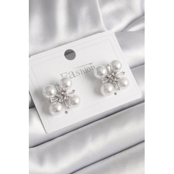 Pirinç Gümüş Renk Zirkon Taşlı İncili Kadın Küpe