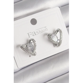 Pirinç Gümüş Renk Zirkon Taşlı Kalp Model Kadın Küpe