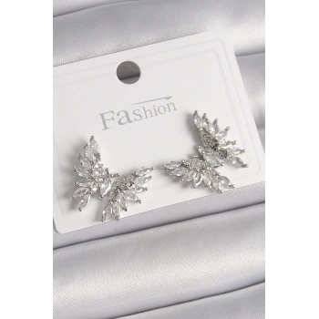 Pirinç Gümüş Renk Zirkon Taşlı Kelebek Model Kadın Küpe