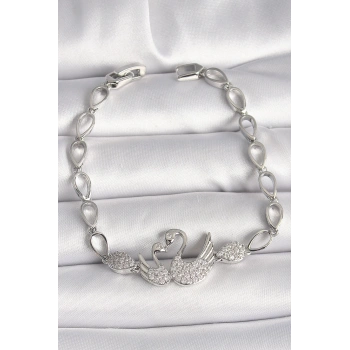 Pirinç Gümüş Renk Zirkon Taşlı Kuğu Figür Damla Zincir Model Kadın Bileklik